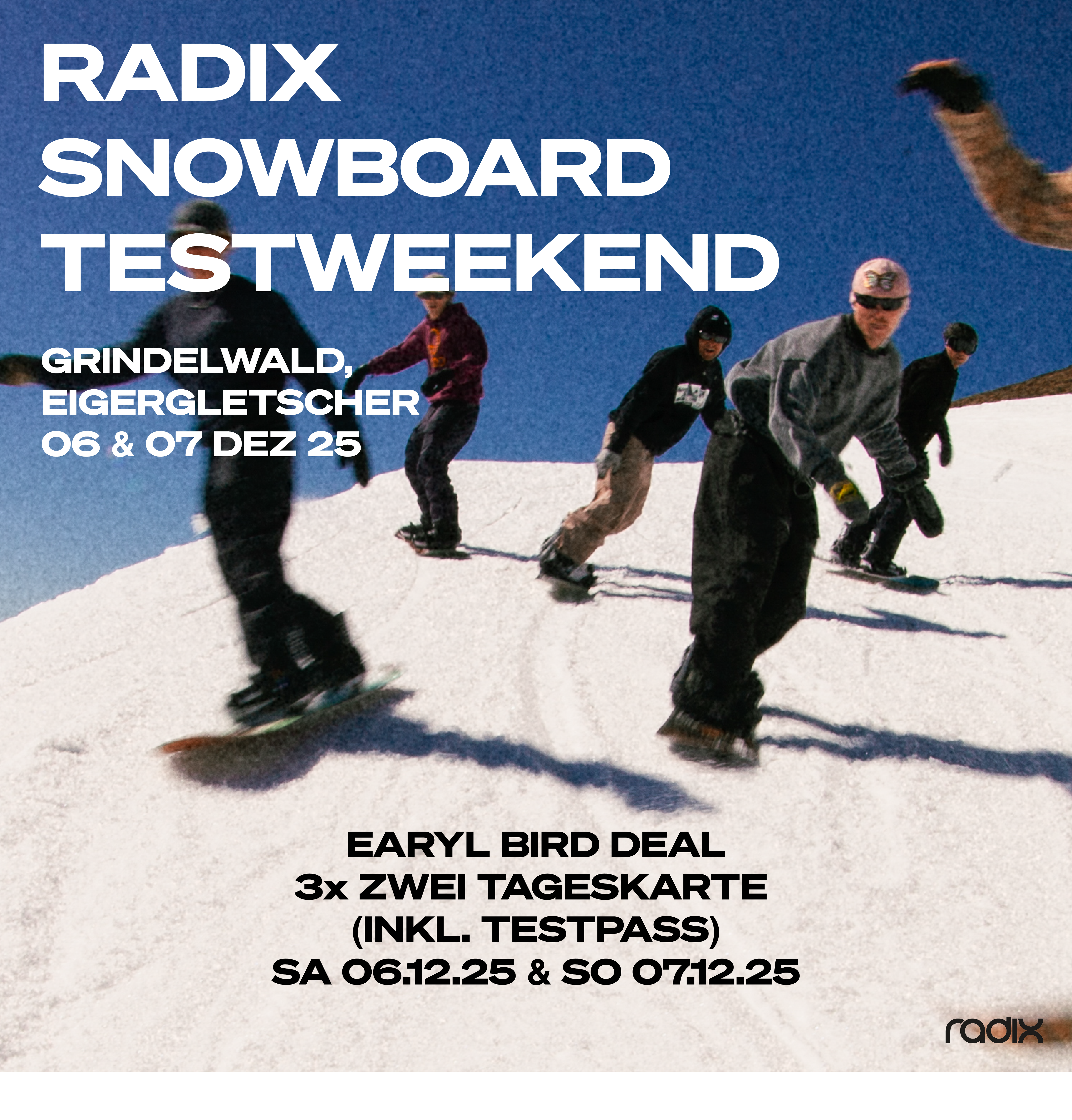 Early Bird Deal: 3x Skipass + Testpass für 2 Tage Werbung, Plakat, Person, Erwachsener, Mann